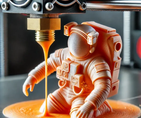 DALL·E 2025 02 13 17.48.45 A close up view of melted plastic being extruded from a 3D printing machines nozzle as it actively prints an astronaut figurine in an orange spacesui Impresión 3D Cali Colombia